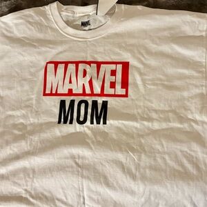Marvel White Tee with Red and Black Print. Says Marvel Mom.